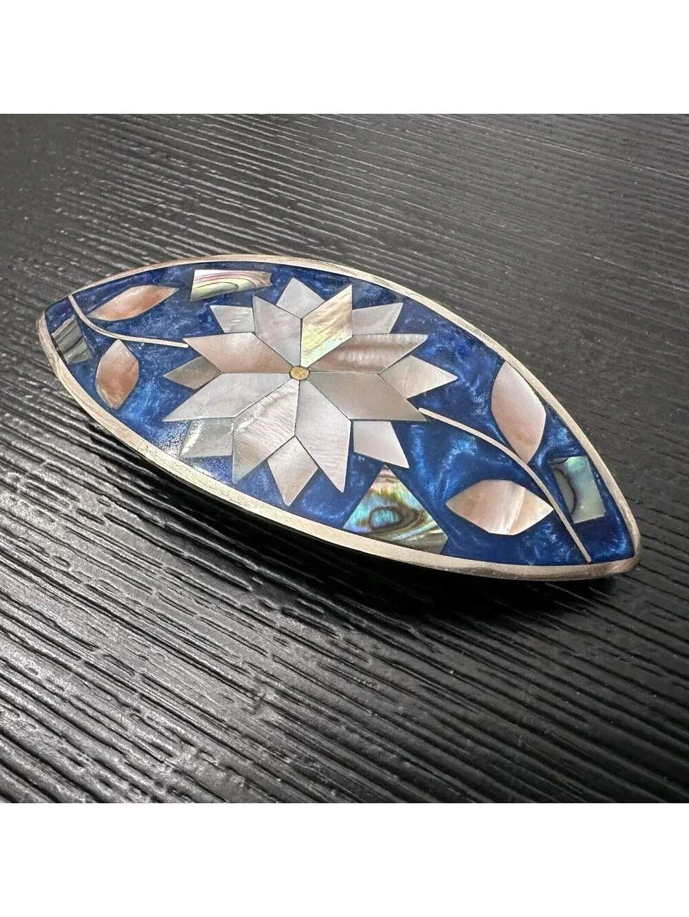 Vintage Alpaca Mexico Mother Of Pearl Abalone Inlay Floral Barrette Hair Clip
